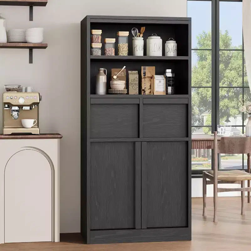 Mobile Contenitore Alto da Terra Nero / Grigio / Bianco con 2 Cassetti e Anta, Autoportante, per 1 Persona