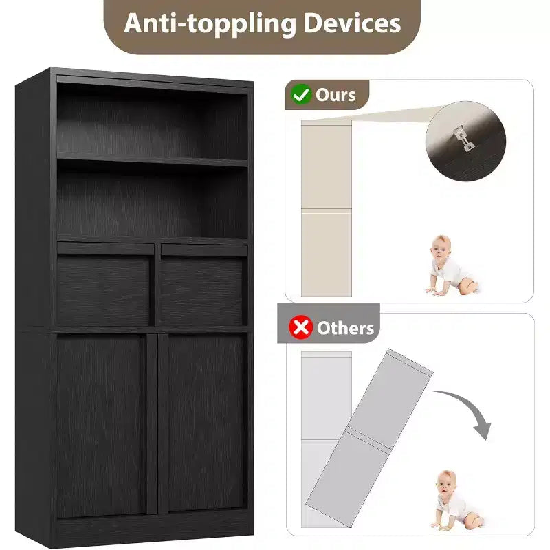 Mobile Contenitore Alto da Terra Nero / Grigio / Bianco con 2 Cassetti e Anta, Autoportante, per 1 Persona