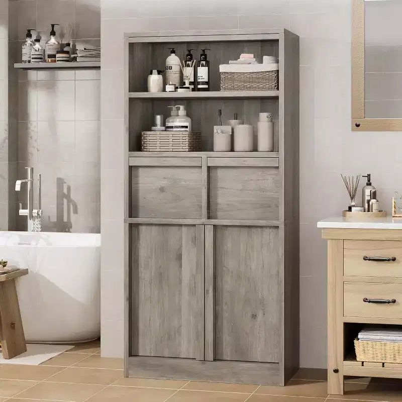 Mobile Contenitore Alto da Terra Nero / Grigio / Bianco con 2 Cassetti e Anta, Autoportante, per 1 Persona