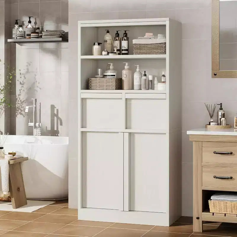 Mobile Contenitore Alto da Terra Nero / Grigio / Bianco con 2 Cassetti e Anta, Autoportante, per 1 Persona