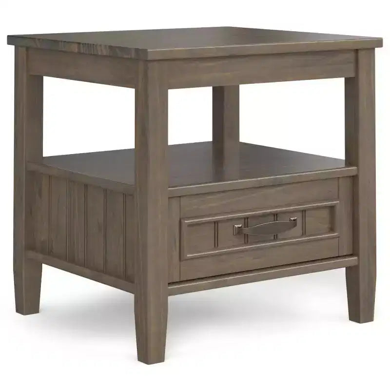 WyndenHall Rowan End Table with Bottom Drawer Smoky Brown: Transitional Style, Square Side Table with Fixed Shelf