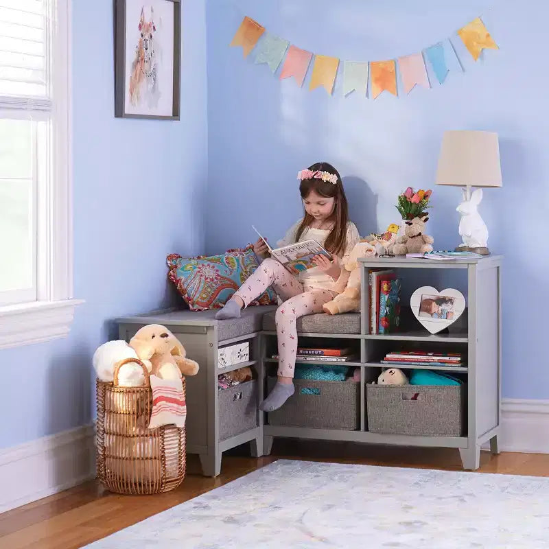 Martha Stewart Kids' Corner Reading Nook: Children's Bedroom Storage, Reading Bench with Cube Toy Storage Organizer
