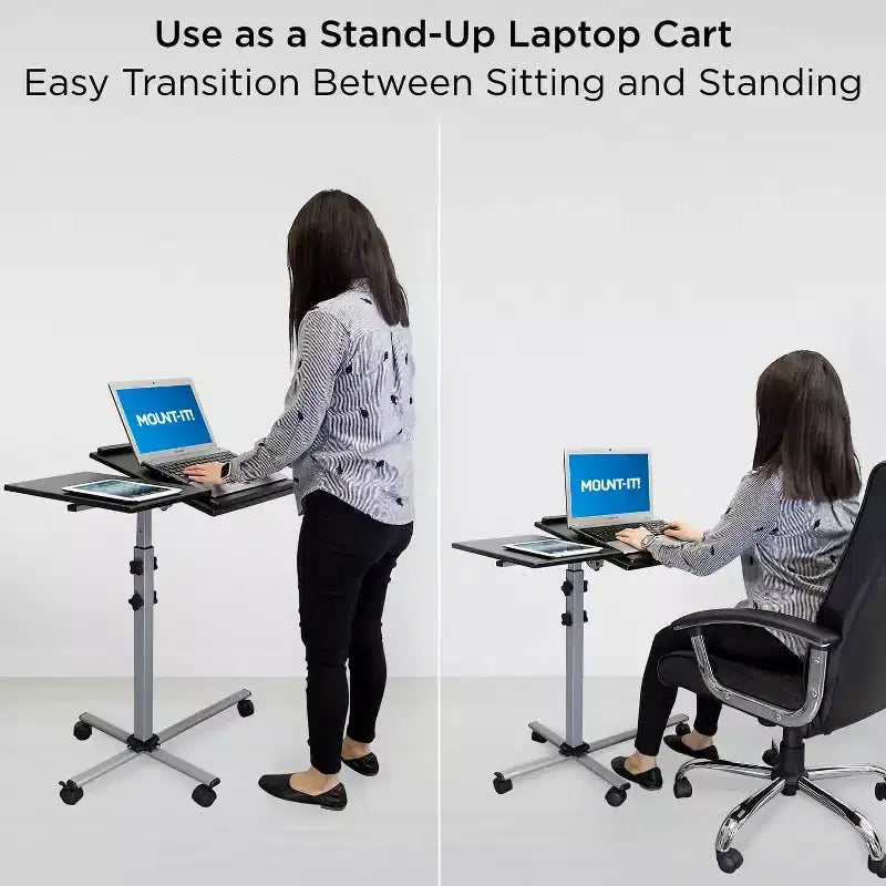 Carrello Nero Doppio Vassoio con Ruote per Laptop e Proiettore, Regolabile in Altezza, Uso Singolo