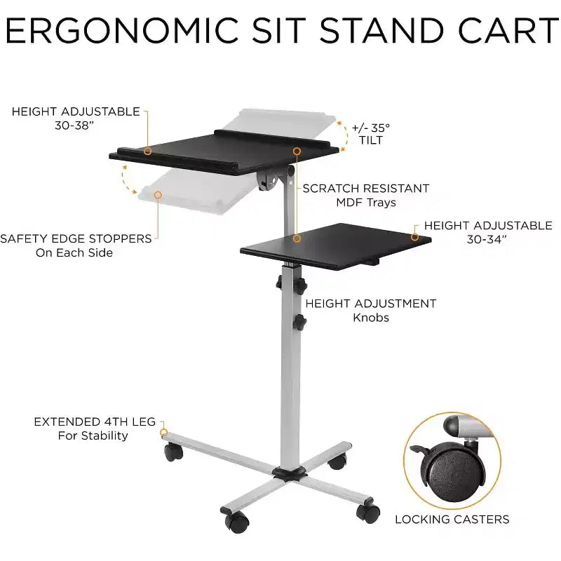 Carrello Nero Doppio Vassoio con Ruote per Laptop e Proiettore, Regolabile in Altezza, Uso Singolo