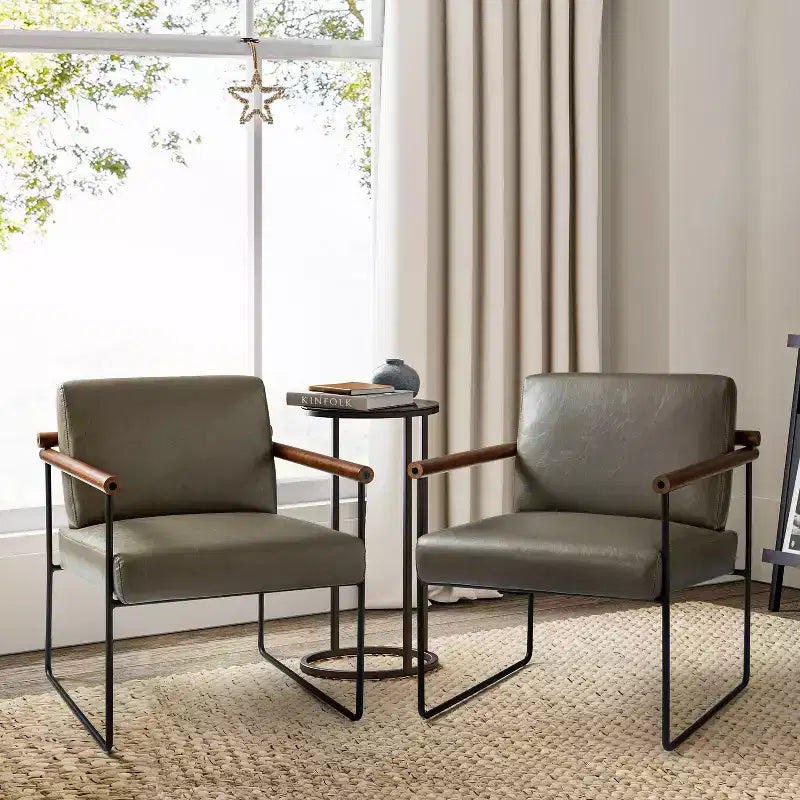 Poltrona moderna d'accento con braccioli in legno e base in metallo – Grigio / Avorio / Blu scuro / Turchese – Set da 2