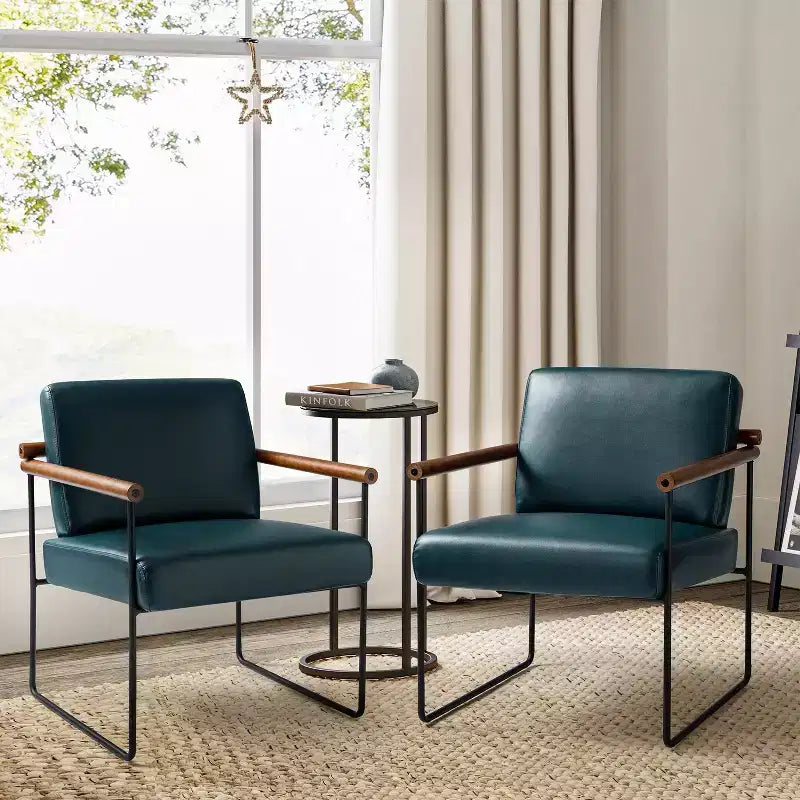 Poltrona moderna d'accento con braccioli in legno e base in metallo – Grigio / Avorio / Blu scuro / Turchese – Set da 2