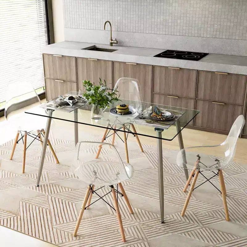 Set da pranzo rettangolare da 5 pezzi in vetro argento e trasparente, 4 posti a sedere