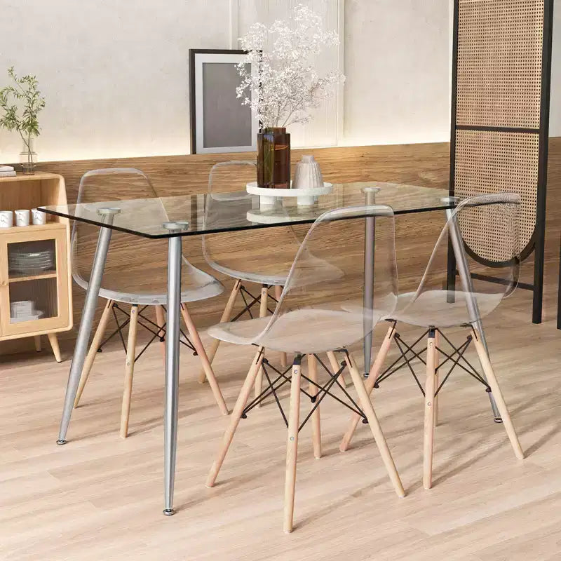 Set da pranzo rettangolare da 5 pezzi in vetro argento e trasparente, 4 posti a sedere